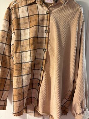 Pink Lily Two-Tone Plaid & Corduroy Shacket in Beige and Tan